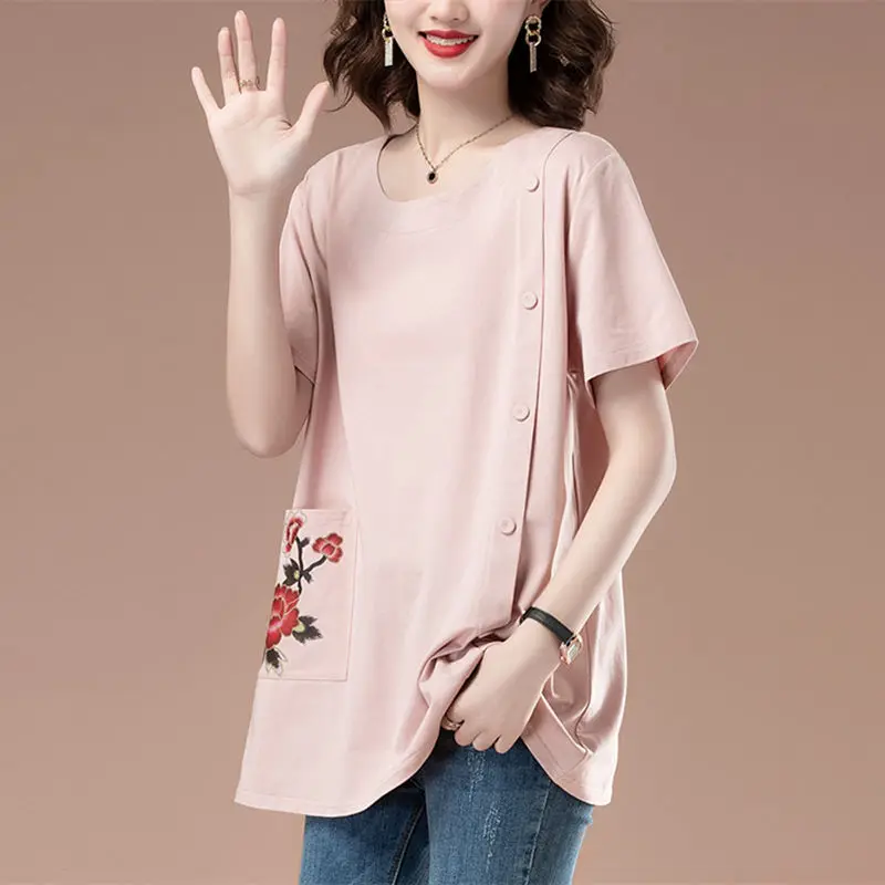 

2024 New Summer Elegant Fashion Retro Loose Casual Office Lady Mixed Cotton Solid Color Print Pockets O Neck Short Sleeve Tops