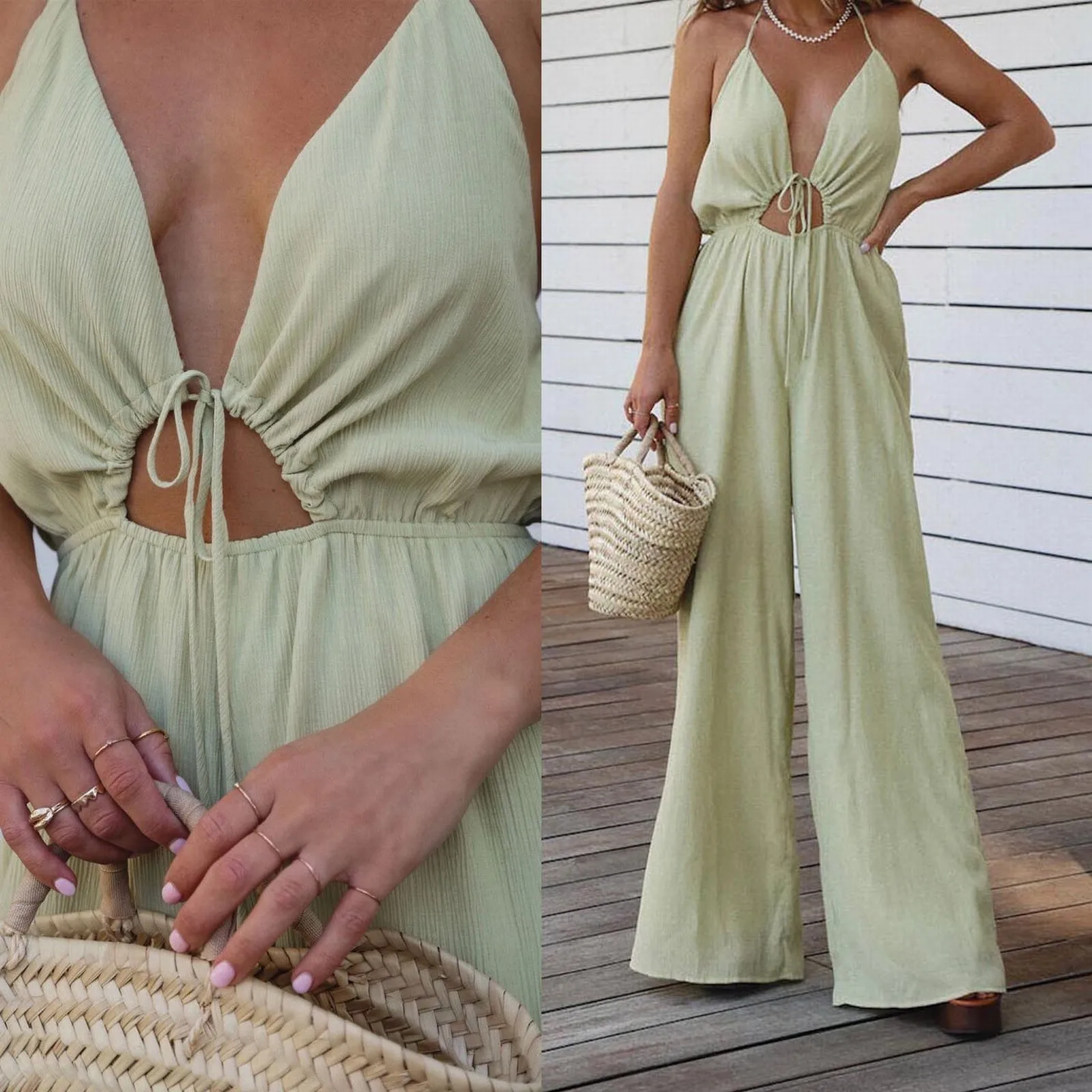 

Women Summer Casual Jumpsuit Spaghetti Strap Soild Color V Neck Cutout Smocked High Waist Jumpsuit Pockets Wide Leg Jumpsuit