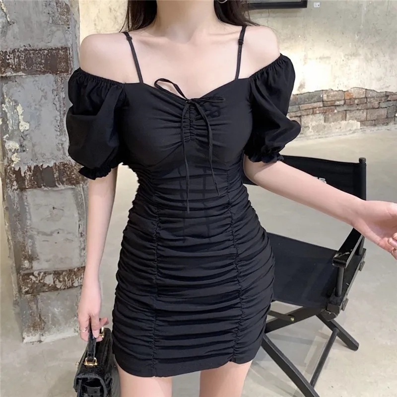 Summer 2022 New Korean Style Bubble Sleeve Pleated Drawstring Slim Dress  Elegant Women's Club Party Dress