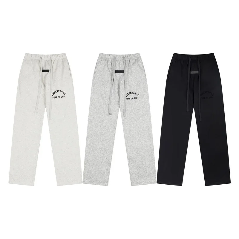 Fog Essentials Men's Casual Straight Leg Cotton Trousers Letter Embroidery Sporty Loose Fit Street Style Spring Collection
