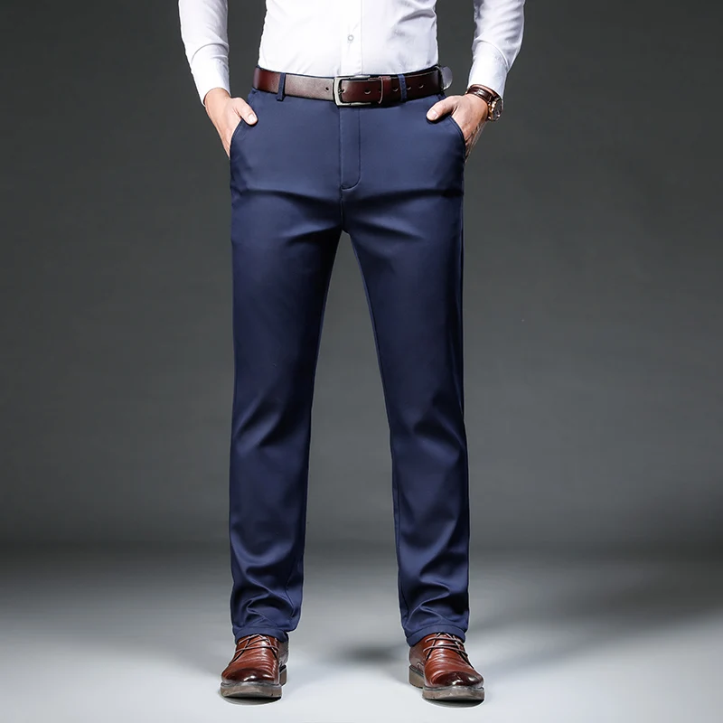 Men Winter Fleece Thick Warm Fit Straight High Waist Cotton Classic Business Casual Trousers