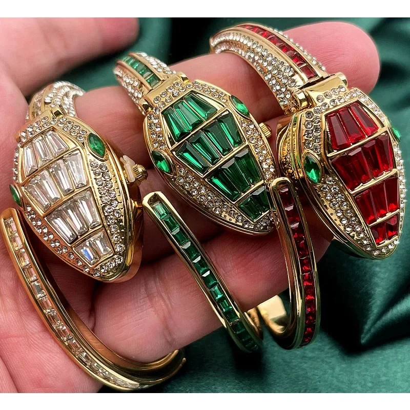 Luxury Women Wrist Watch Snake Shaped Bracelet Diamond Cover Snake Shaped Bracelet Opening Quartz Watch Bracelet Steel Unique