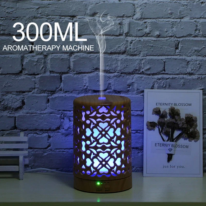 

300 ml Air Humidifier wood Hollow cylinder Electric Essential Oil Aroma Air Diffuser with 7 color LED night light for home