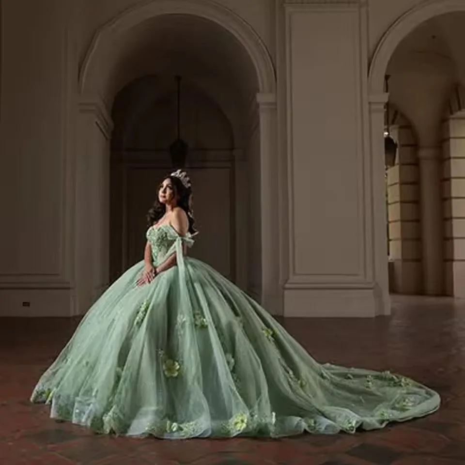 Sage Green Sweet 15 Dress Ball Gown Quinceanera Dress 3D Flowers Glittering Pageant Vestidos De Xv A&ntilde;os Caped