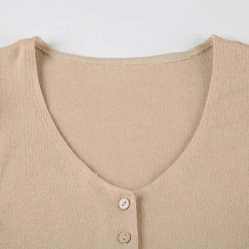Elegant V-Neck Knitted Mini Dress for Women Summer 2025 Short Sleeve with Buttons High Elasticity Casual Style
