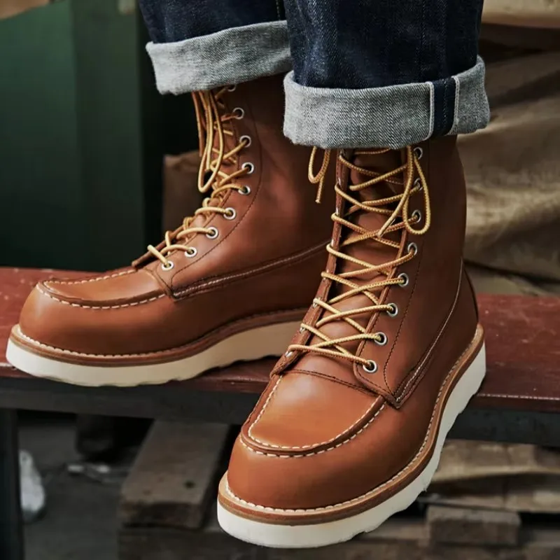 Handmade High Top Shoes Mens Vintage Round Toe Genuine Leather Casual Mid Calf Boots Spring Autumn Thick Platform Cowhide Boots
