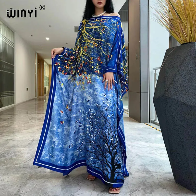 

WINYI 2023 Summer new Africa Fashion boho Popular printed Silk Kaftan Maxi dress Beach Bohemian kaftan long dress for lady