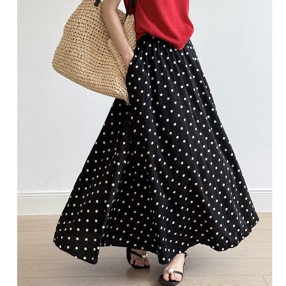 【日本入手困難】Long polka-dot crepe de chine skirt 2025 New Arrival Women's A-Line Summer Boho Dots Print Long