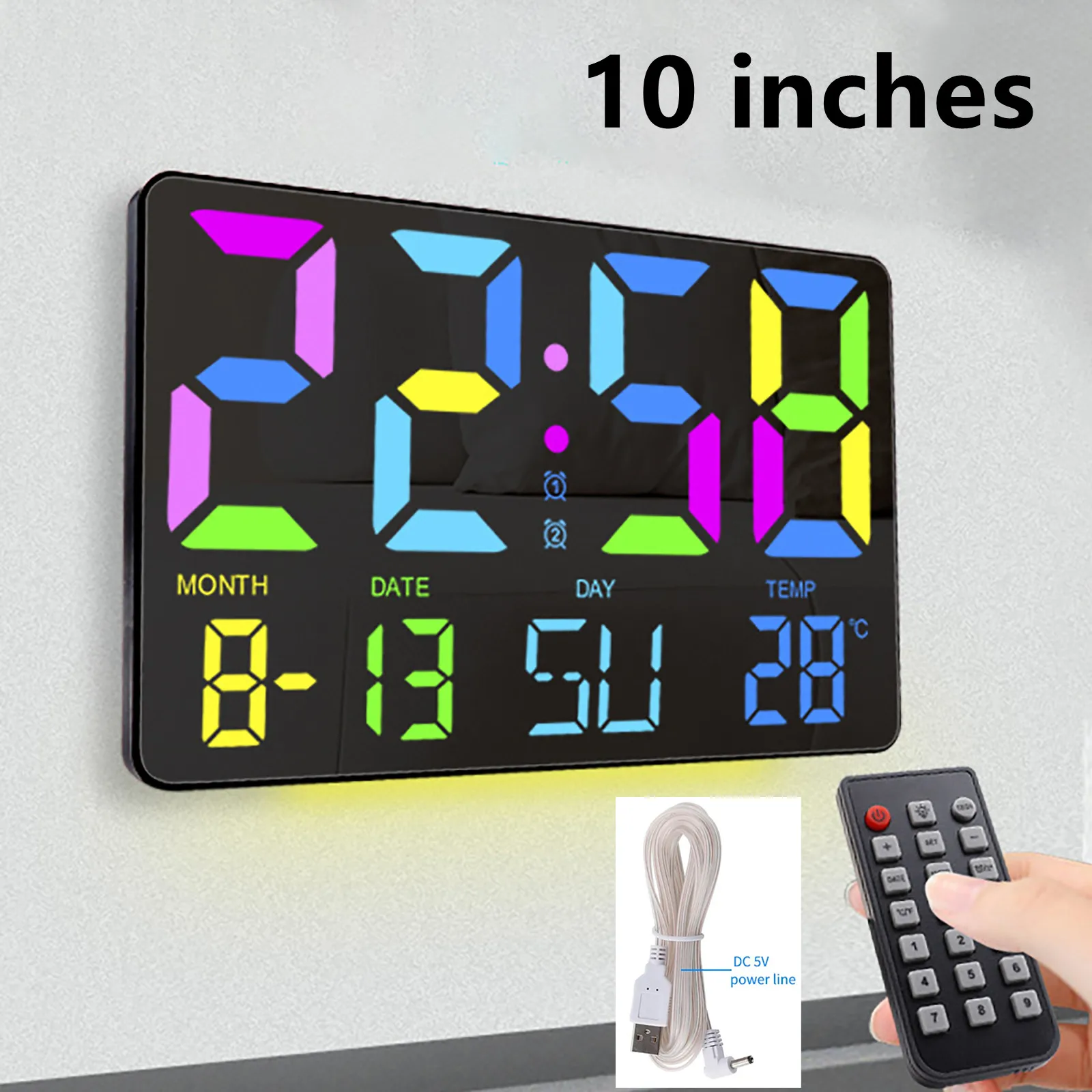 

10 Inch Digital Wall Clock Temp Date Display Brightness Adjustable Dual Alarms Clock Home Decoration with Remote Control