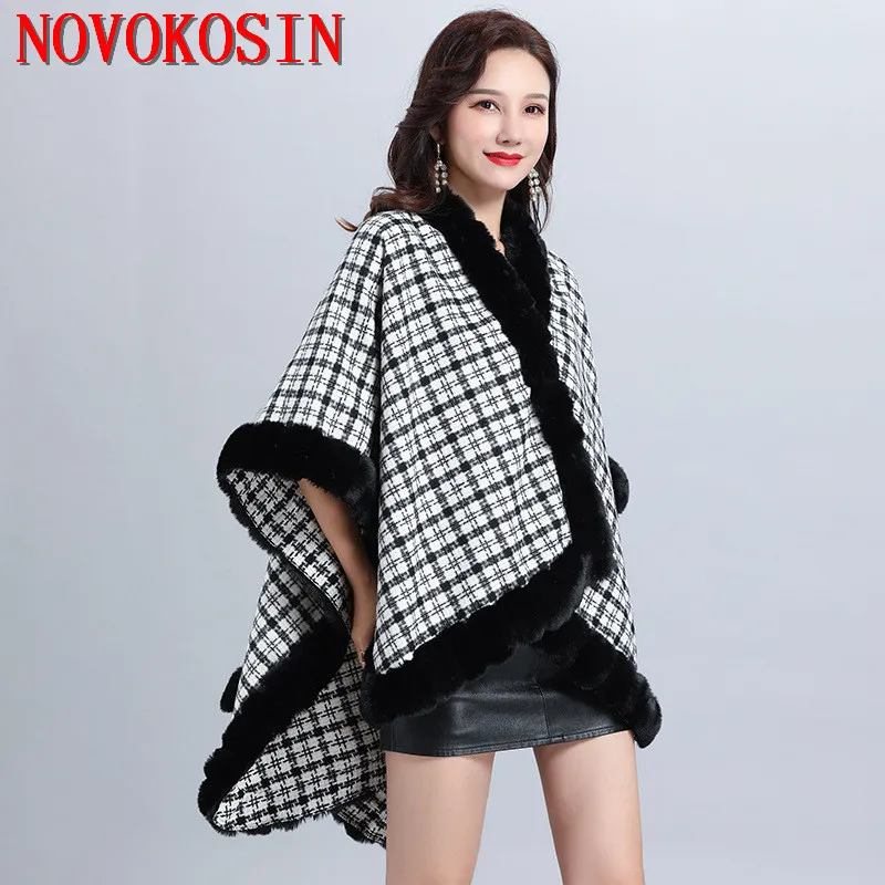 2022 Plus Size Out Streetwear Fashion Big Pendulum Pashmina Winter Poncho Cloak Women Vintage Faux Rabbit Fur Shawl Capes