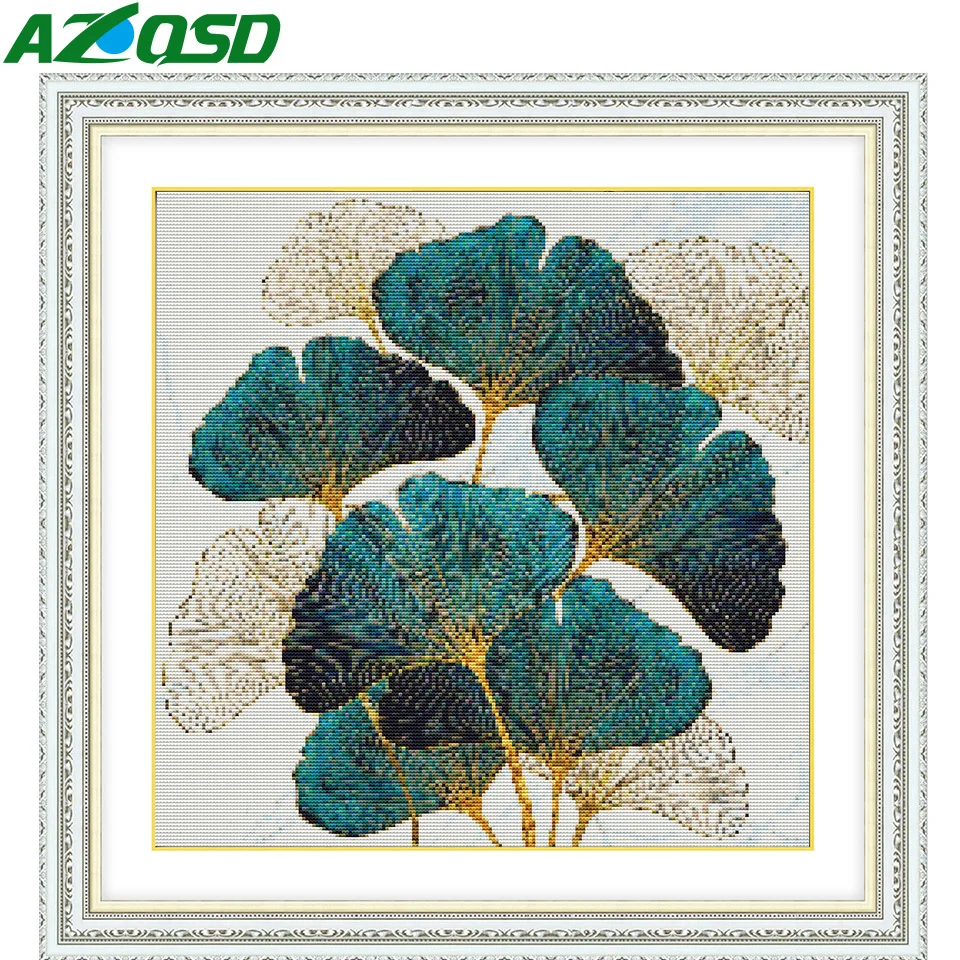 AZQSD Leaves Embroidery Kits Ginkgo Tree Cross Stitch Flower Art And Crafts Needles 11CT Picture Canvas DMC Set Counted Printed