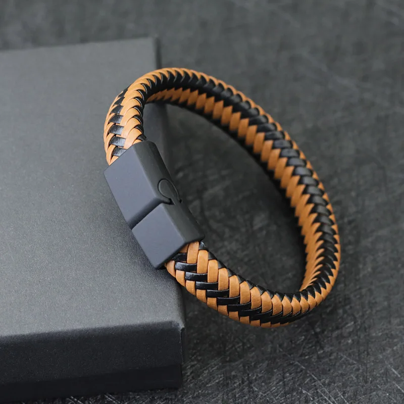 Men Leather Bracelet Leather Magnetic Bracelet Leather Bangle Unique Weaven Leather Bracelet with Detachable Magnet Buckle Wrap for Boyfriend Punk Jewelry