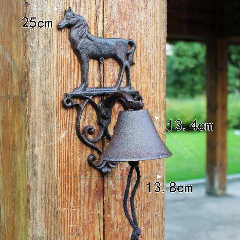 Standing Horse Cast Iron Hand Cranking Bell Farm House Accents Antique Rustic Home Garden Decor Wall Mounted Welcome Door Bell