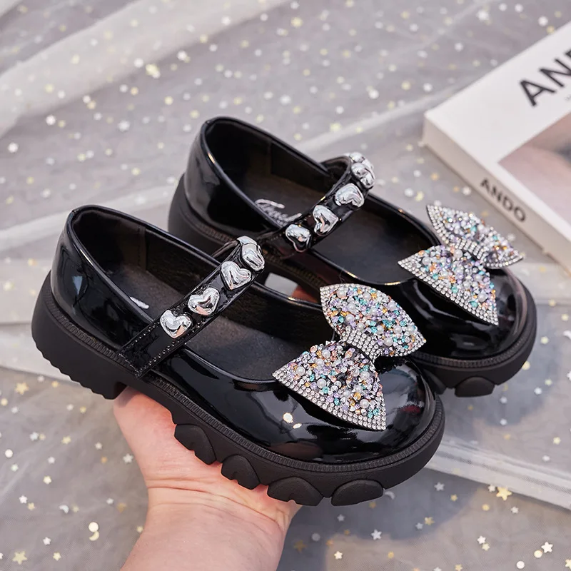 

Autumn New Kindergarten Dress Lace Pearl Bow Soft Sole Princess Single Shoe Children's Round Head Shallow Mouth Leather Shoes