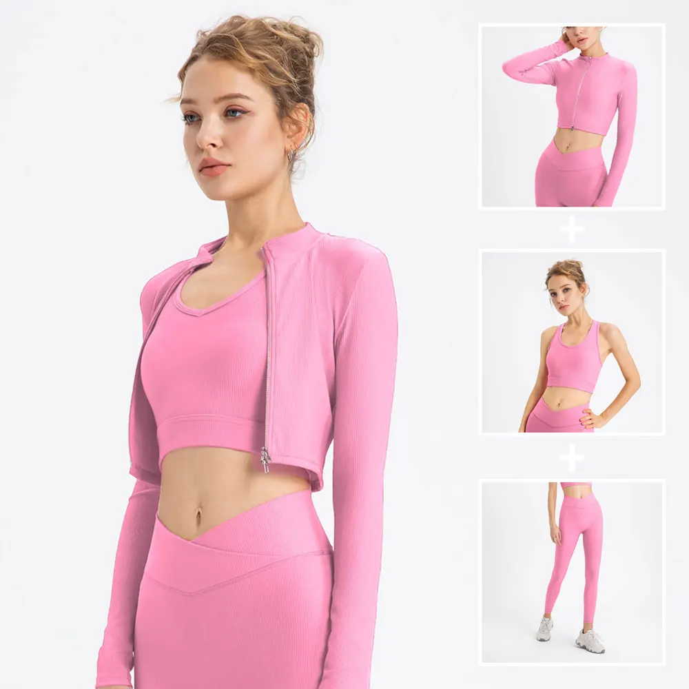 

Ribbed Women Sportwear 3 Piece Set Yoga Top Jacket Pants Scrunch Leggings Sports Bra Gym Workout Clothes Fitness Suits