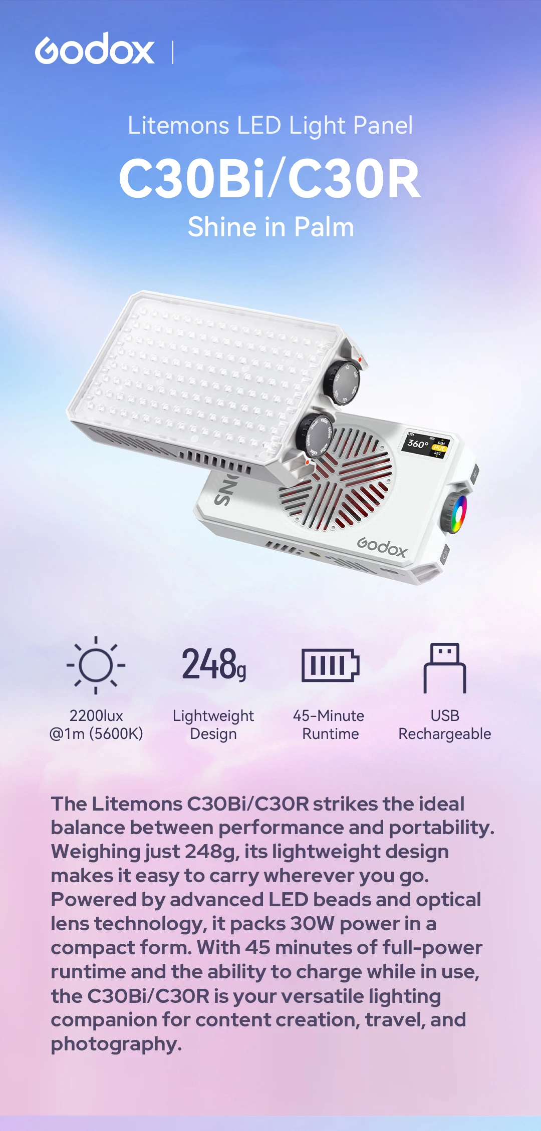 C30Bi C30R Litemons 30W LED Light Panel Light 2800-6500K Pocket-Sized Light Five