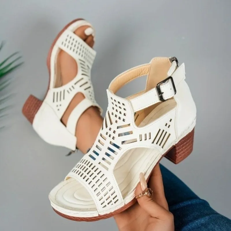 Sandals for Women 2026 New Thick Heeled Sandals Summer Breathable Hollow Out Sandals for Women Retro High Heels Roman Sandalias - 4