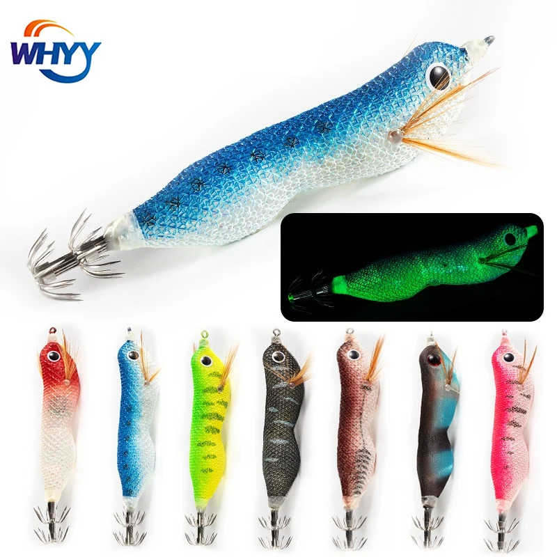 WHYY Wood Shrimp Squid Fishing Lure Flashing LED Fishing Wobbler Squid Hook Jig Artificial Lure jigging Lure Octopus Bait 