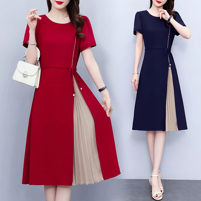 

Summer Chiffon Pleated Dress Women Fashion Patchwork Short Sleeves Elegant Ladies Work Midi Dress Knee-Length Robe