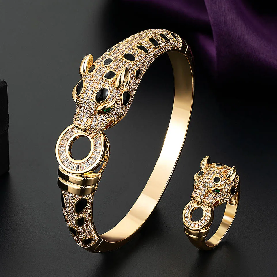 Zlxgirl jewelry Jet Cubic Zircon Leopard Animal Bridal Bangle Jewelry Europe Design Copper Bracelet Women's Bracelet