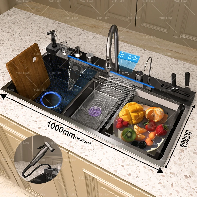 Fregadero de cocina de acero inoxidable en cascada, grifo con