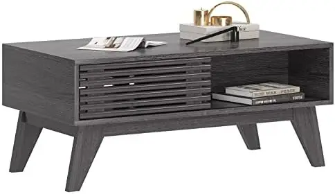 

Modern Coffee Table, 39.4 inch Rectangle Coffee Table with Dual Storage Shelf, Wood Slat Sliding Doors, for Living Room, Grey Sm