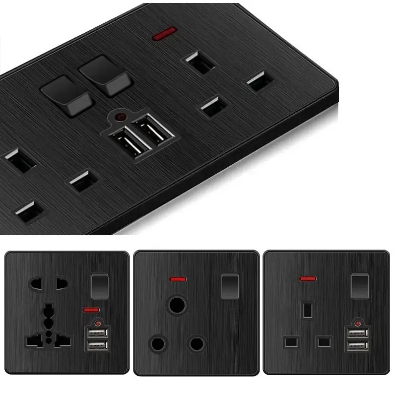 

Brushed Black UK Wall Sockets Single Double USB Outlets with Switch Universal Socket with 2.1A USB