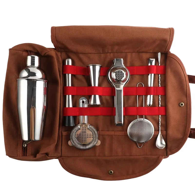 

New stainless steel cocktail mixer storage bag set, outdoor convenient mixing tool, bartender toolkit