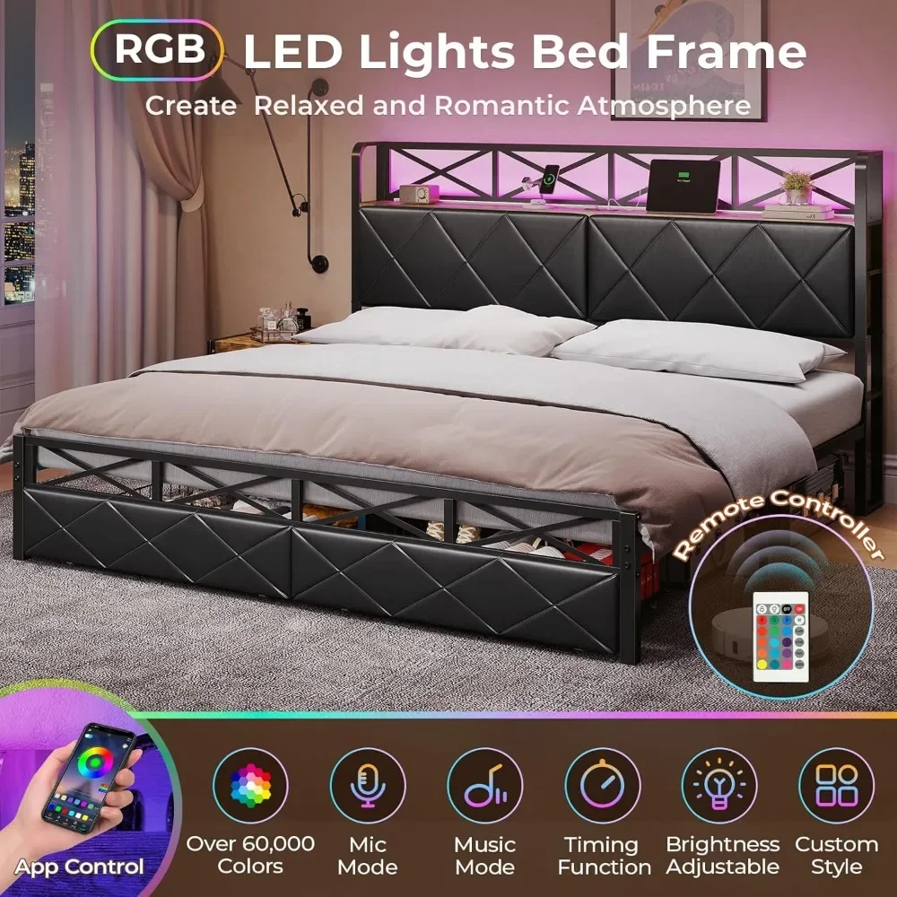 California King Bed Frame with Hidden Storage, 2 Drawers, Led Lights, Charging Station, Upholstered Headboard, Bed Frame 3