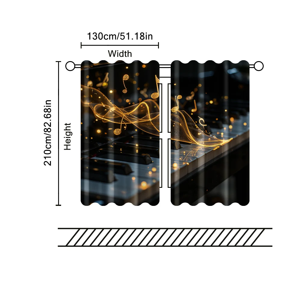 2 pcs, filtering curtains (excluding rods, non-movable, without batteries) Golden Piano & Musical Notes for use in bedrooms and 5
