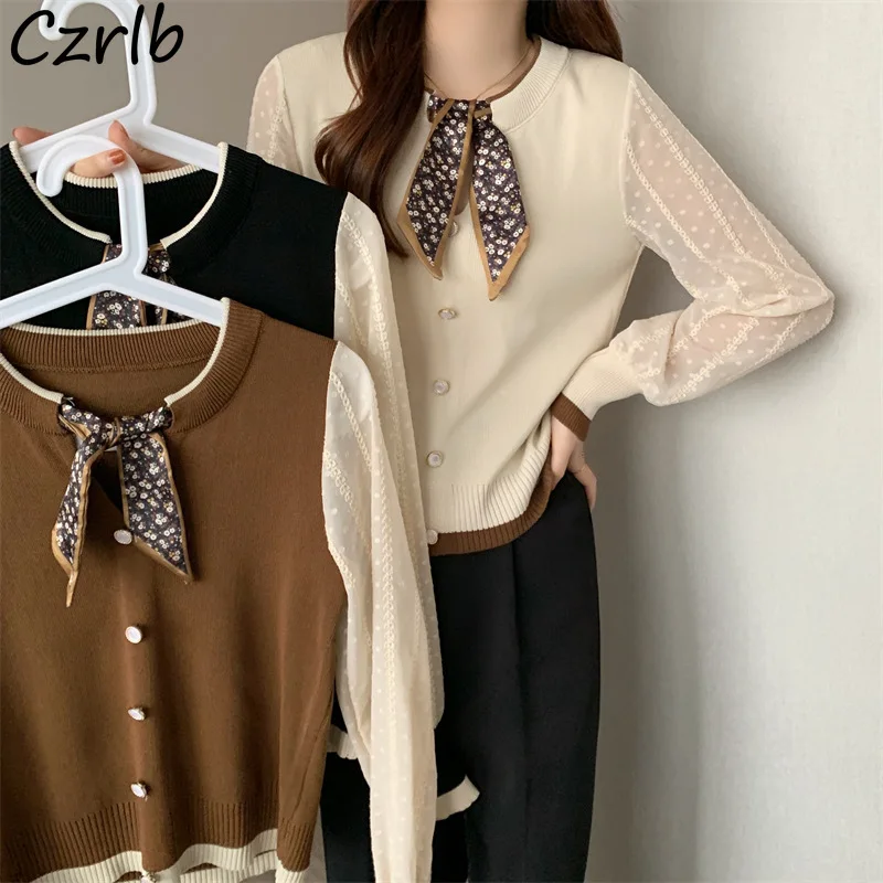 여성용 O-넥 가디건, 용수철 레이스 패치워크 스카프 장식, 싱글 브레스티드 긴팔 아우터, 우아한 오피스 레이디 패션