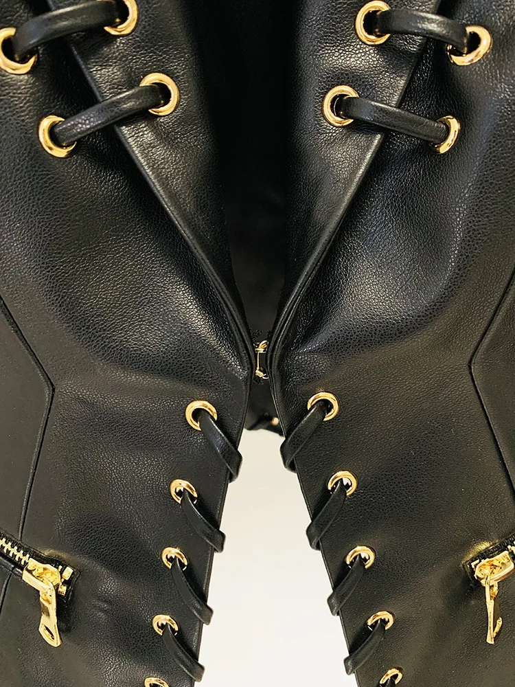 HIGH QUALITY Newest Fashion 2024 Designer Jacket Women's Rope Lacing Up Slim Fitting Leather Blazer 5