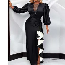 Asymmetrical Dress Black Ruffle Evening Maxi Dress Puff Sleeve Mesh African Formal Celebrity Events Party Dresses Summer 2022