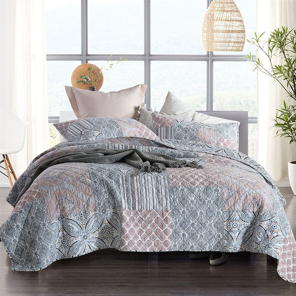 

CHAUSUB Cotton Bedspread Quilt Set Real Patchwork 3PCS Quilted Coverlets Bed Cover Pillowcase King Queen Size Blanket on Bed