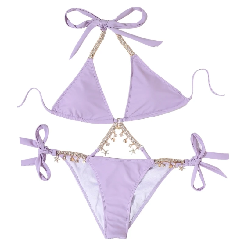 

Womens Split Swimsuit Thong Comfortable 2-Pieces Strappy Swimming Suit Wrap High Cut Beachwear Halter String Bikinis Set GXMF