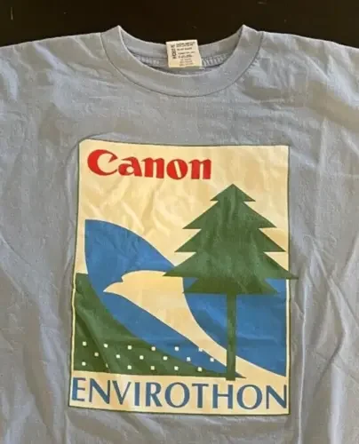 Maglietta Vintage Canon Azzurro Envirothon Taglia Media Bayside Made In Usa Maniche Lunghe O Corte