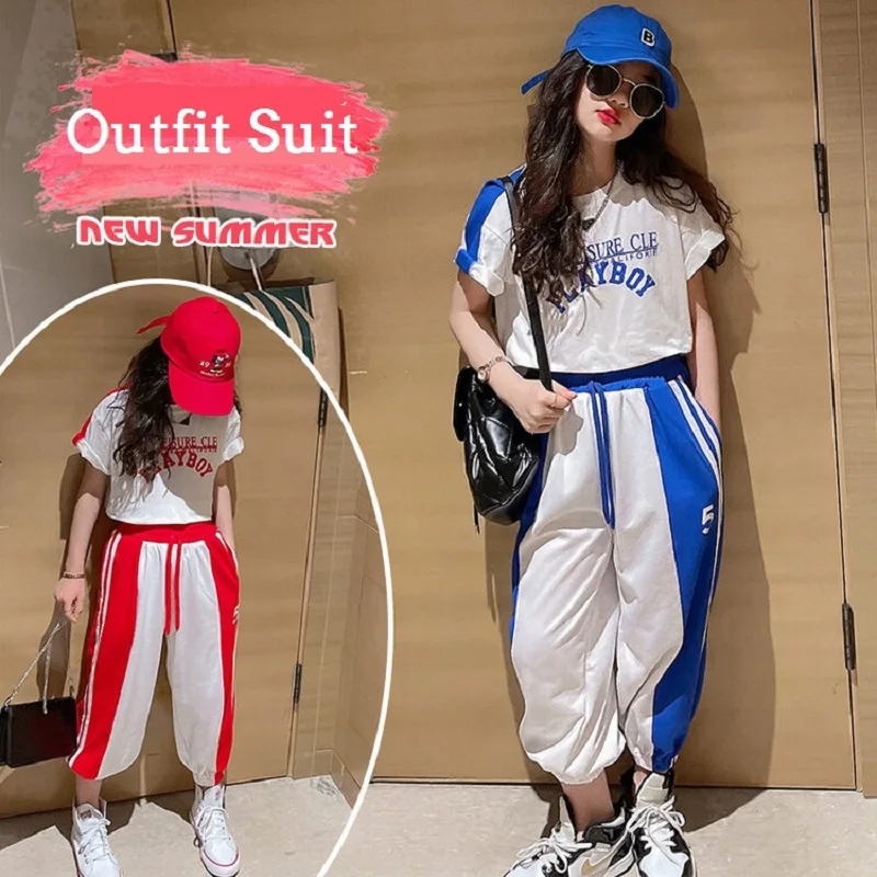 

Summer School Girls Contrast Striped Crop t-Shirt Tops+Drawstring Pant Sets Kids Tracksuit Child Outfit Jogging Suit 3-16 Years
