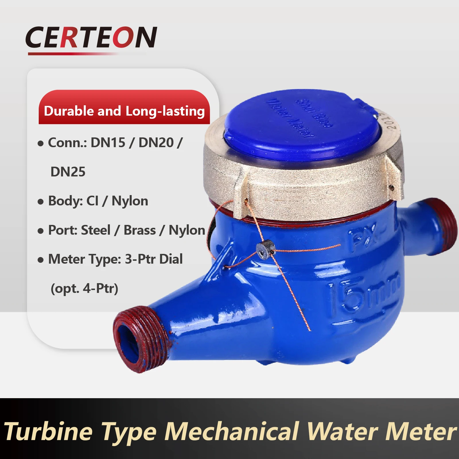 เครื่องวัดน้ำแบบกลไกชนิดเปียกหลายหัวฉีด DN15 DN20 DN25 สำหรับบ้าน เชื่อมต่อทองเหลือง ฝาครอบเหล็ก ความแม่นยำสูง 1