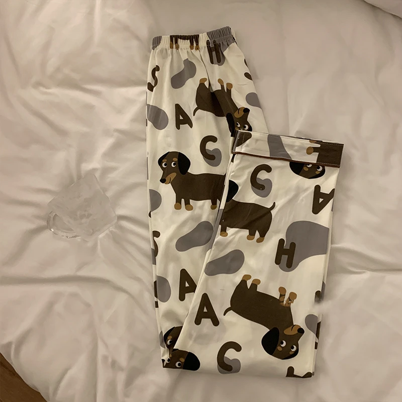 Women Pajamas Set Cotton Pajamas Set Spring Summer Cute Women's Pajamas Set Dachshund Print Two Pieces Short Sleeve Tops Full Length Pants Sleepwear 3991