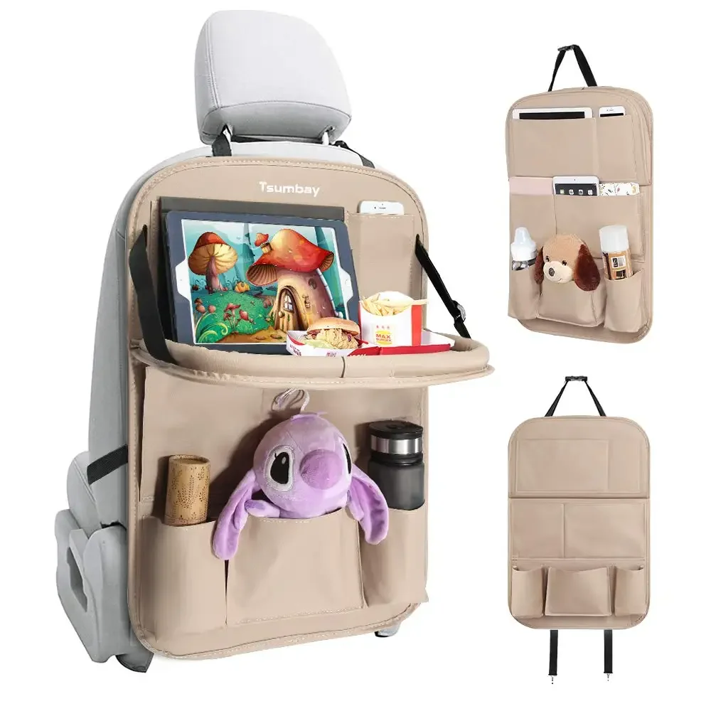 

Новый автомобильный Органайзер на заднее сиденье, Модернизированный автомобильный органайзер для хранения из искусственной кожи с складным подносом, защитный коврик для заднего сиденья автомобиля