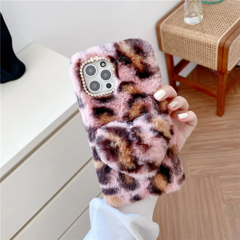 HFICY Custodie per telefono con 3 pellicole protettive in vetro e cordino a tracolla, orecchie di coniglio pelose pelose, per donne e ragazze, cover in morbido peluche (rosa, per iPhone 7/8