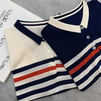 Women Clothing Summer Trendy Striped Polo Collar Ice Silk Knitted T-shirt Elegant Simple Casual Short Sleeve Loose Pullover Tops - Image 3