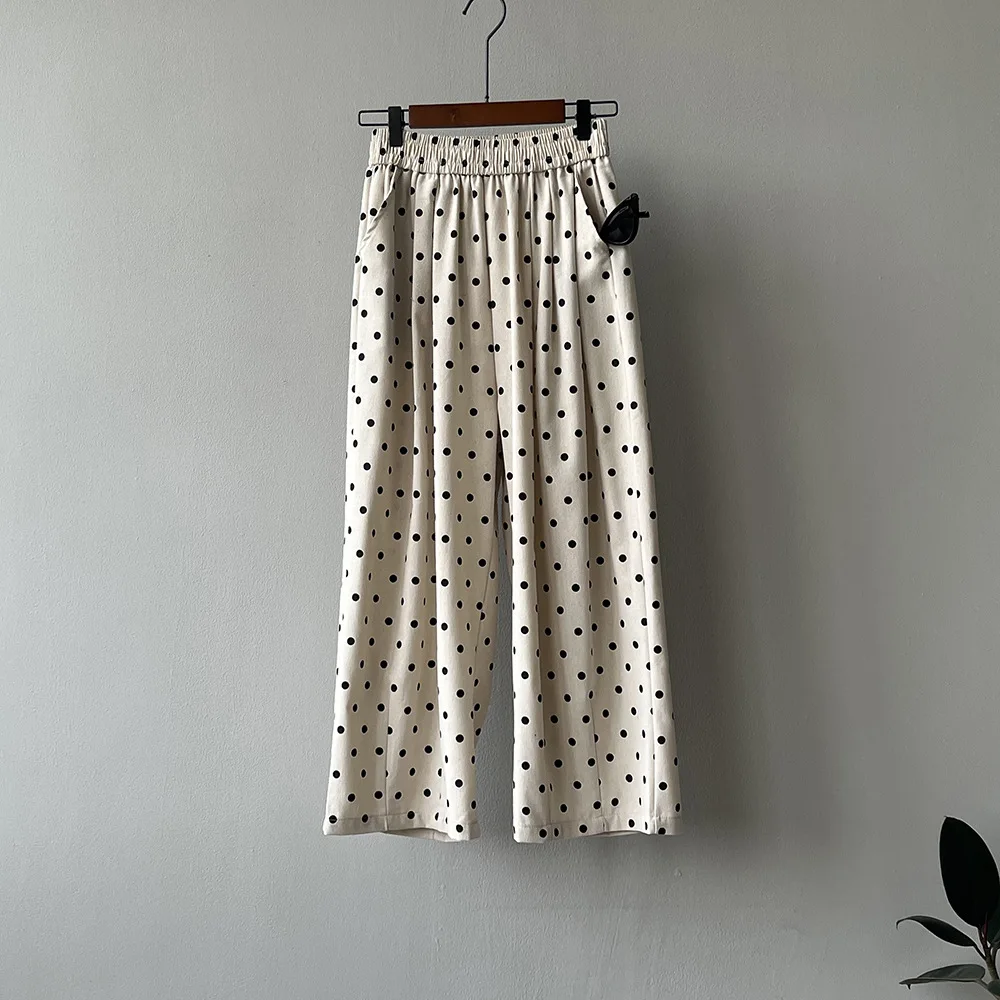 Women Clothing Polka Dot Loose Wide-leg Pants 2024 Summer New Fashionable High-waisted Straight Leg Full Length Casual Pants