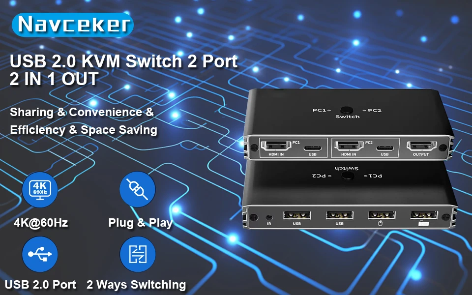 KVM Switch 4K 60Hz HDMI-Compatible USB 2.0 Hub Docking Station Dock 2 Computer P
