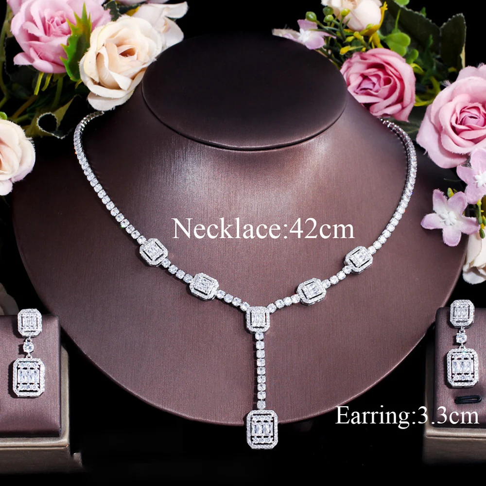 ThreeGraces Geometric Square Earrings Necklace Shiny Cubic Zirconia Crystal Fashion Jewelry Set for Women Party Gift TZ651 jewelry sets jewelry set