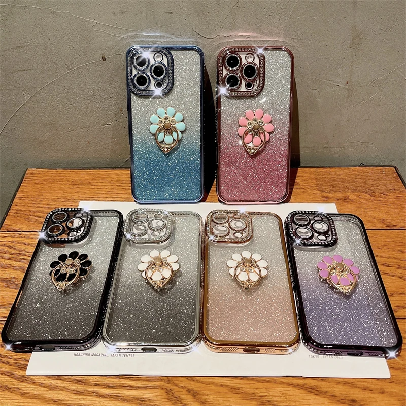 Luxury Plating Flash Diamond Frame Glitter Phone Case with Holder Stand Cover