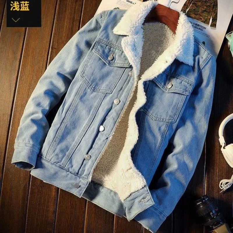 2023 Autumn/Winter New Fashion Trend Lamb Cashmere Denim Jacket Men's Casual Comfort Thick Warm High Quality Plus-Size Coat 3XL 1