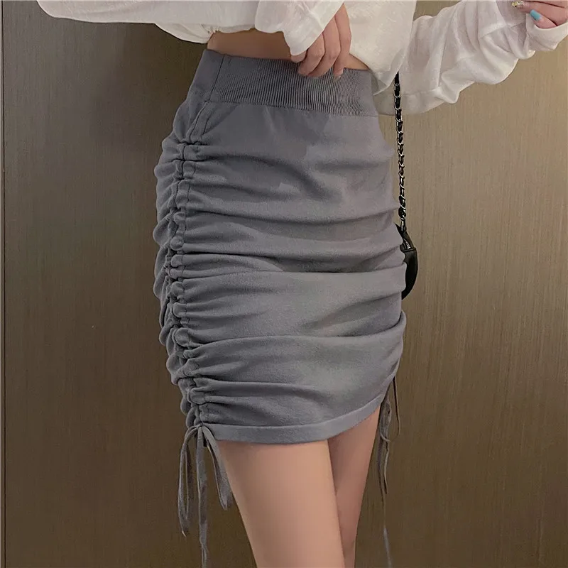 Drawstring Mini Skirts Women Slim High Waist Autumn New Casual Sexy Office Ladies Ins Korean Style Shirring Club Wear Hot Mature