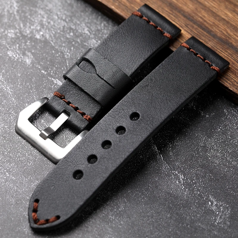 

Italian Black Handmade Vintage Cowhide 20 22 24 26MM Rugged For Seagull PAM111 Genuine Leather Men leather watch strap