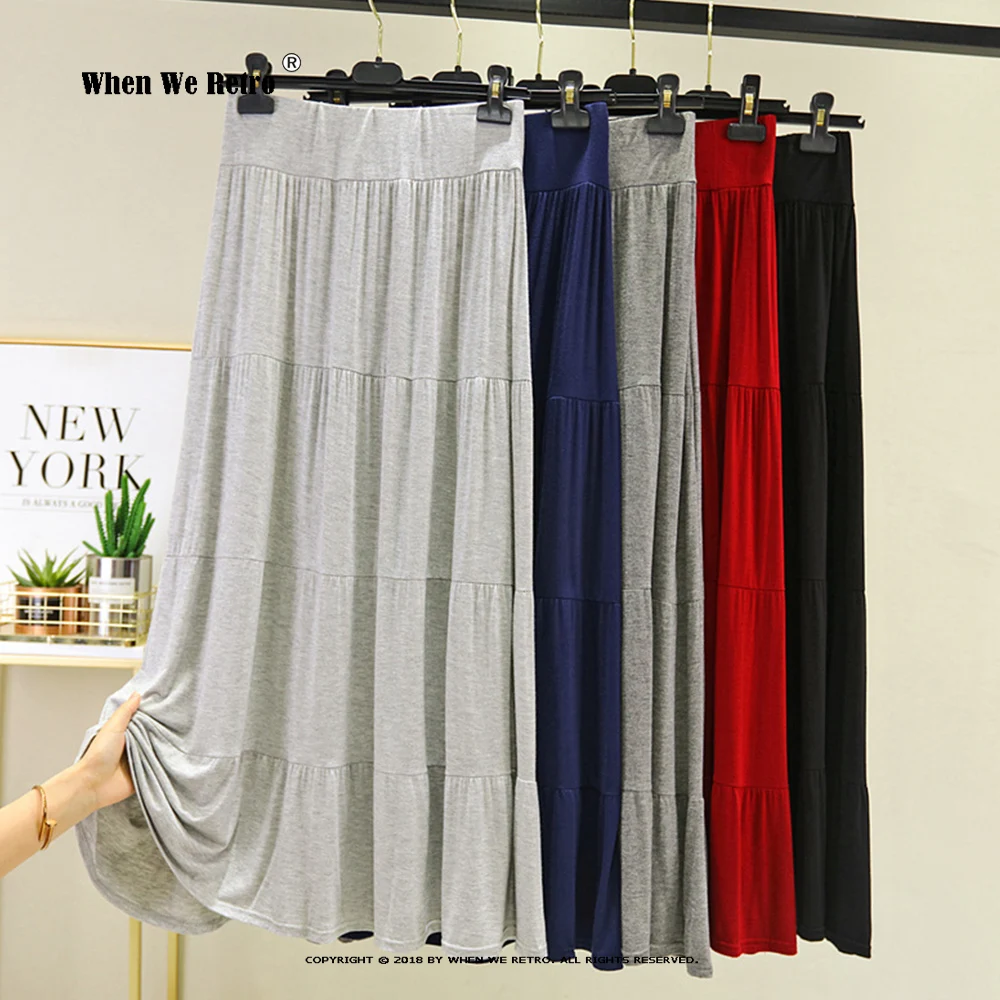 

2023 Summer Autumn Women Long A Line Pleated Skirts Solid Elastic High Waist Modal Skirt Female Big Swing Maxi Skirt Jupe VD4117